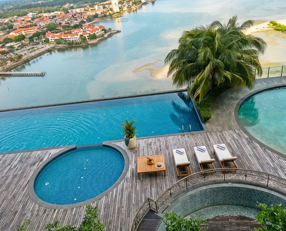 Infinity rooftop pool overlooking the Strait of Malacca at Silverscape Residence Melaka